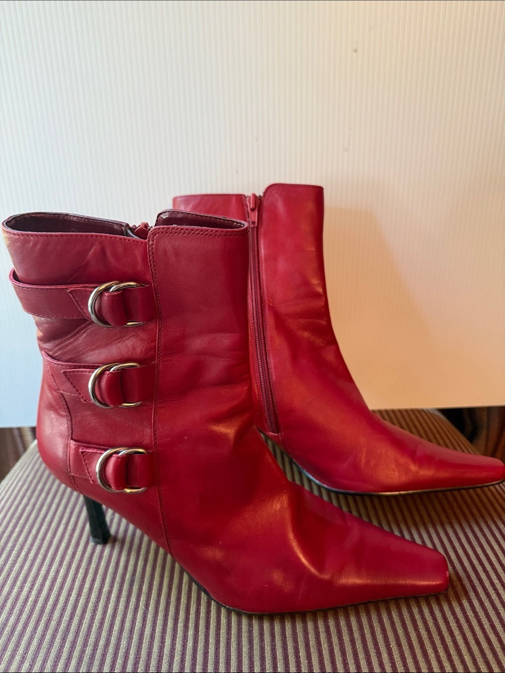 Valerie Stevens Red Pointed-Toe Ankle Boots with Buckle Straps
